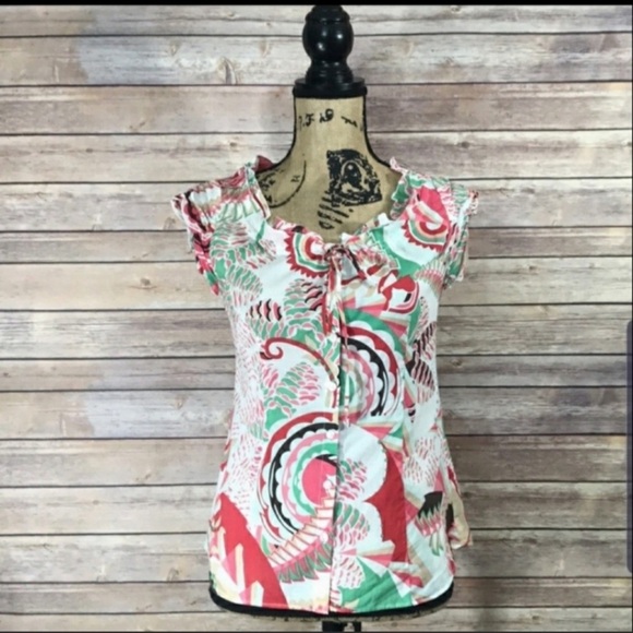 Tahari Multicolored Print Ruffle Top XS - Picture 3 of 7